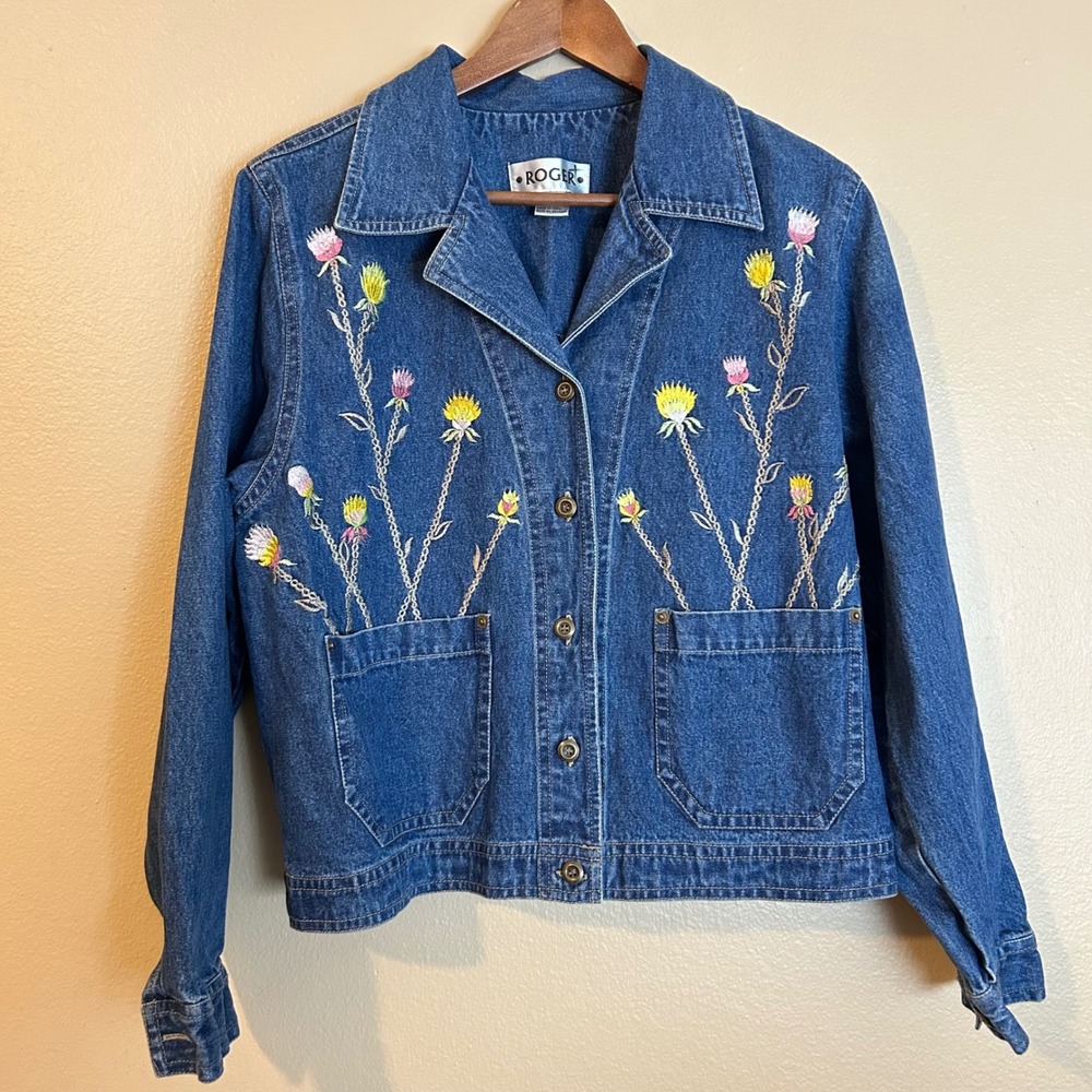 Vintage Demin Embroidered Floral Thistle Jacket Roger 100% Cotton - Picture 9 of 9